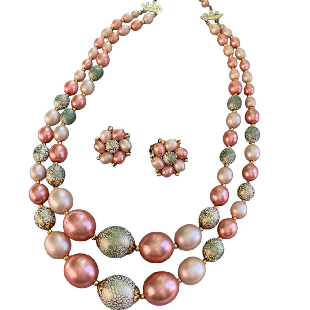 Vintage 1950s Hong Kong Pearl & Textured Bead Necklace & Earring Set